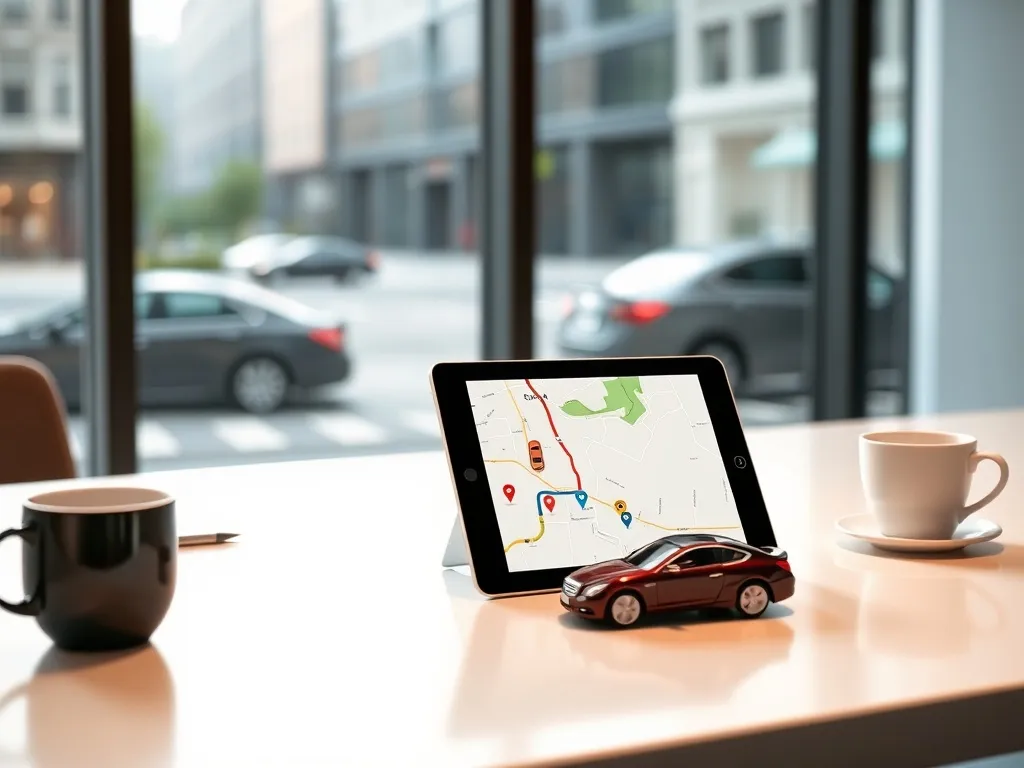 Tablet z mapą i ikonami aut na biurku w biurze, symbol wyboru programu do zarządzania flotą samochodową.