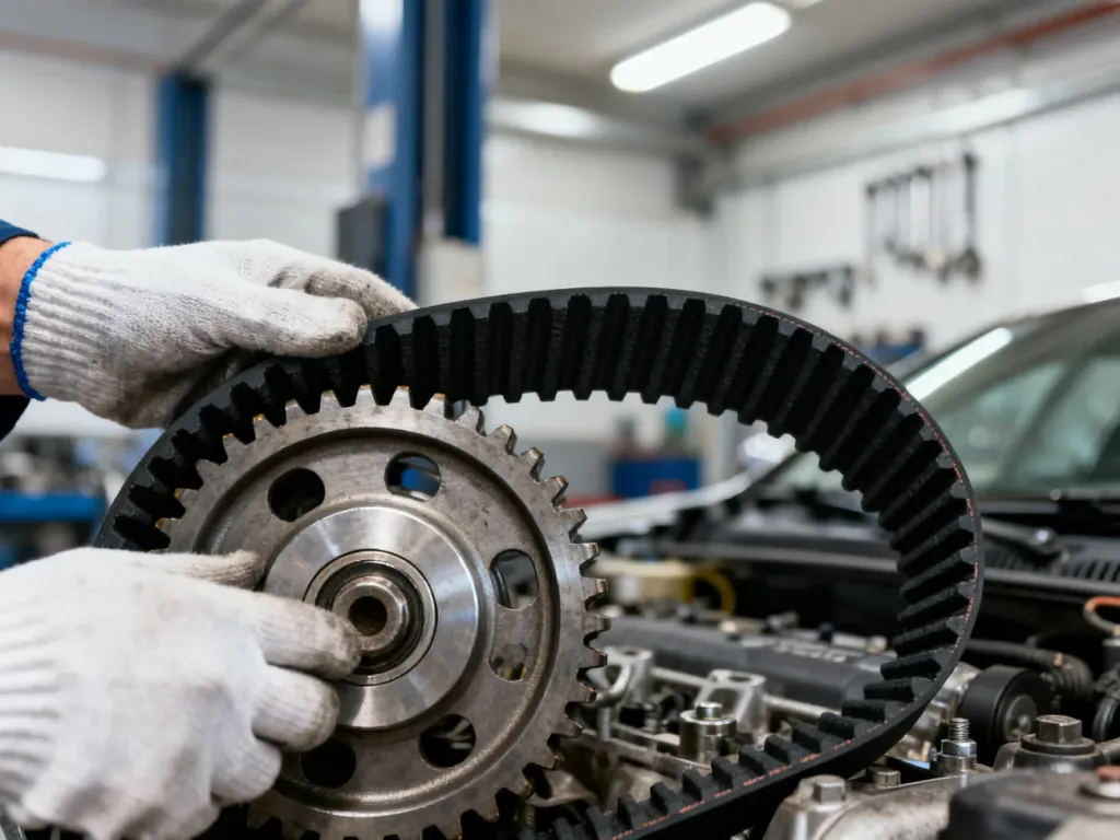 Mechanik w rękawiczkach dokonuje inspekcji paska rozrządu w silniku samochodowym.