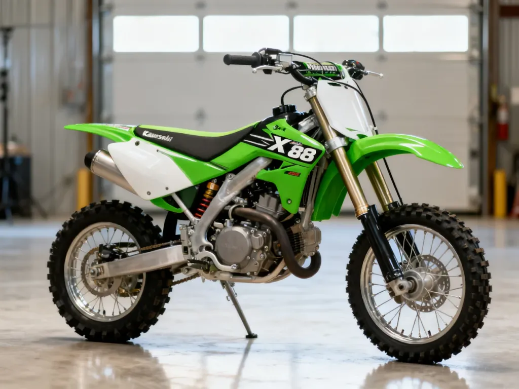 Motocykl crossowy Kawasaki KX 85 w zielonym malowaniu, zaprezentowany w profesjonalnym studiu.