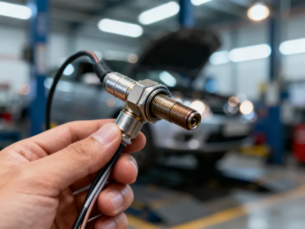Zbliżenie na nowoczesną sondę lambda trzymaną w dłoni na tle profesjonalnego warsztatu samochodowego.