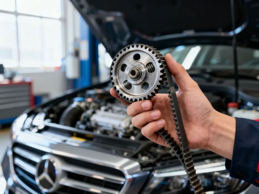 Mechanik trzymający nowy element rozrządu w profesjonalnym warsztacie samochodowym.