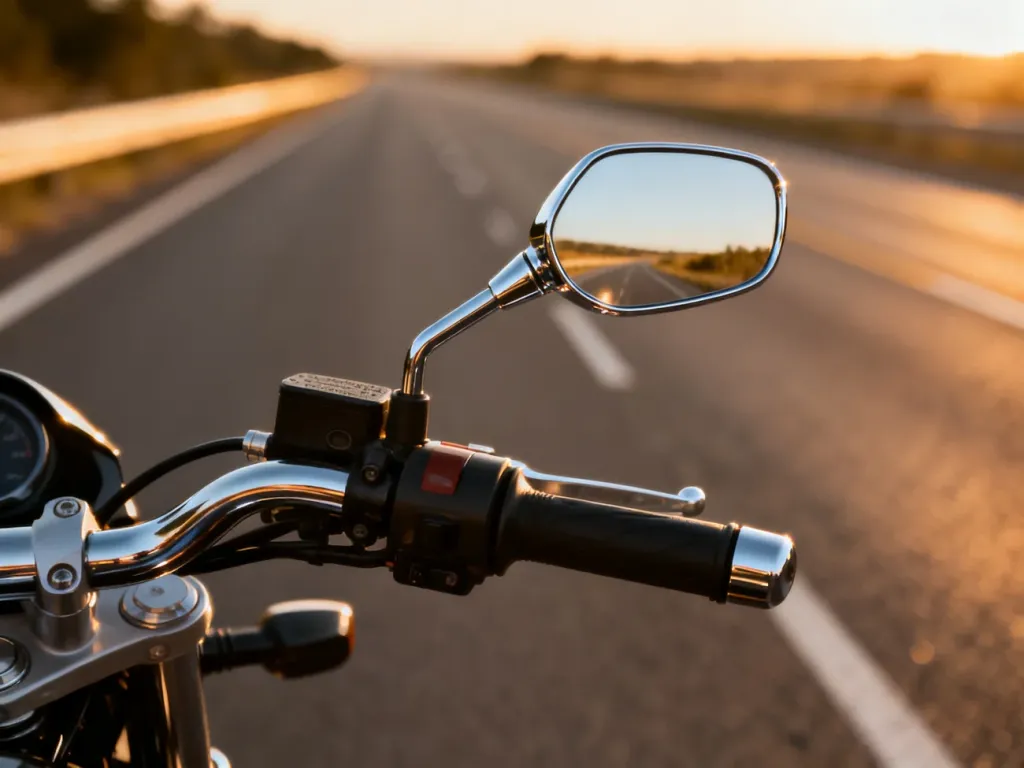 Zbliżenie na lusterko motocyklowe z widokiem na drogę podczas złotej godziny, ilustrujące wymogi dotyczące widoczności.