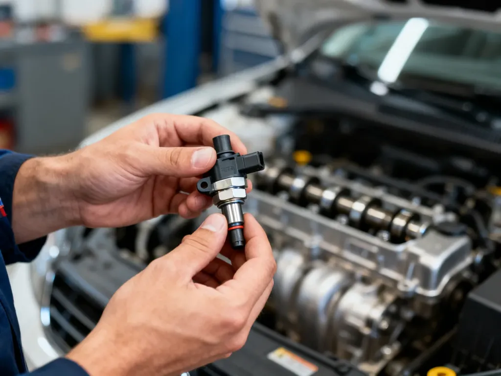 Dłonie mechanika trzymające czujnik położenia wałka rozrządu na tle komory silnika samochodu.