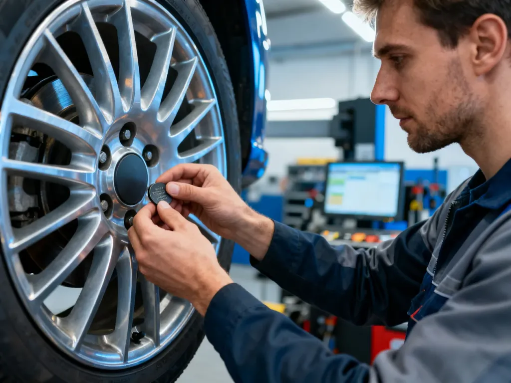 Mechanik precyzyjnie umieszcza ciężarek na feldze samochodowej podczas procesu wyważania koła w nowoczesnym warsztacie.