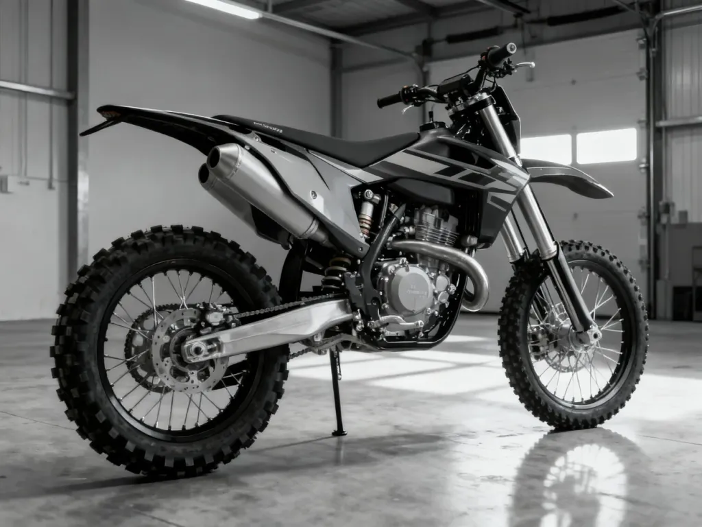 Nowoczesny motocykl crossowy Kayo T4 300 zaparkowany w profesjonalnym studiu, prezentujący detale silnika i ramy.