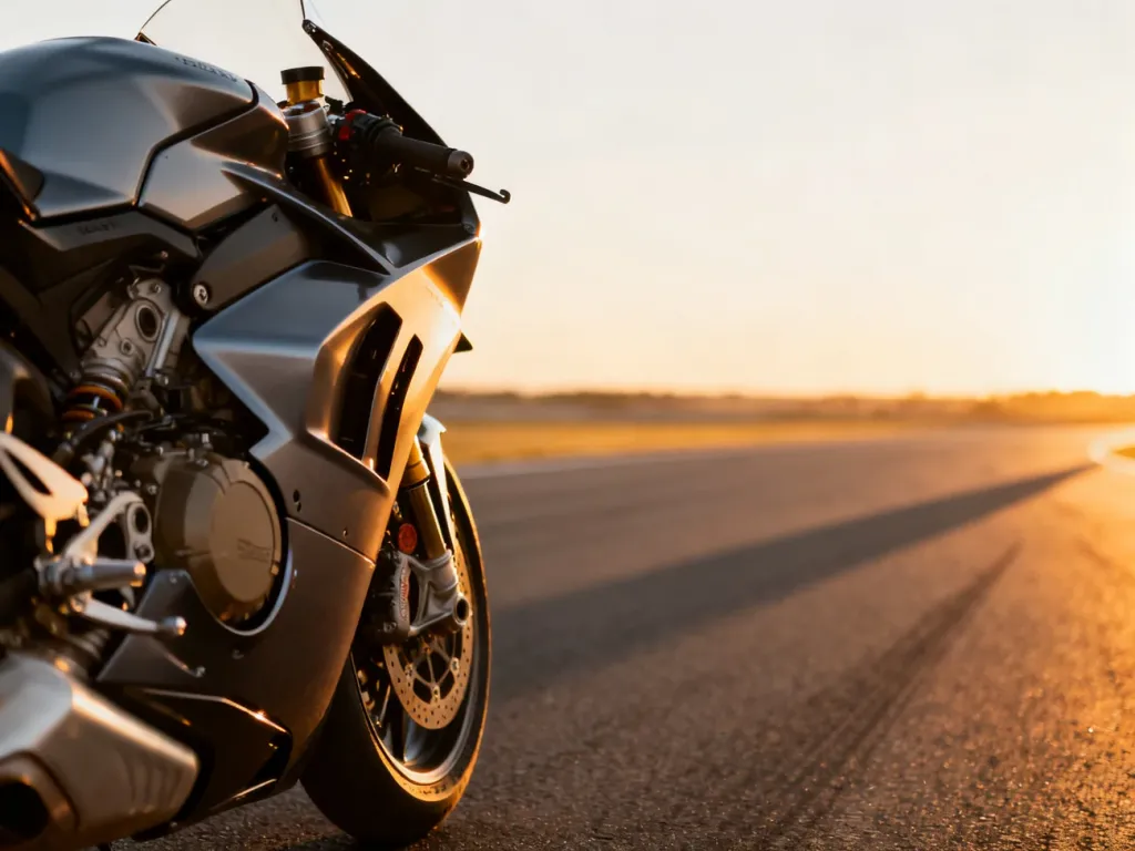 Sportowa Yamaha R6 zaparkowana na torze wyścigowym w świetle zachodzącego słońca.