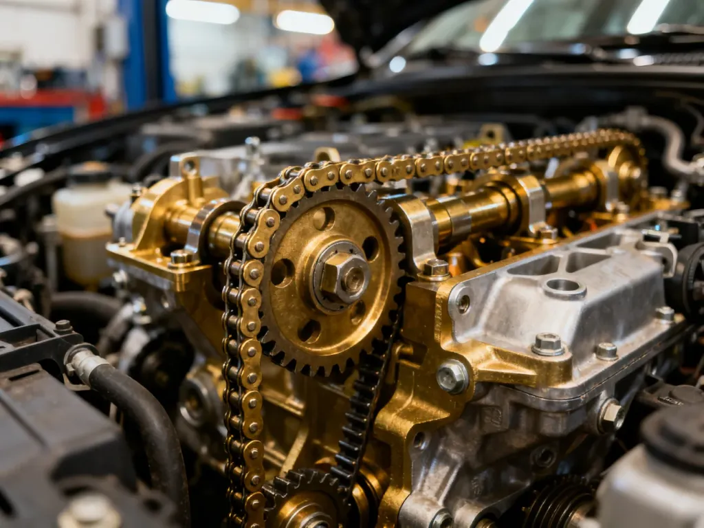 Zbliżenie na mechanizm rozrządu silnika Renault 1.2 TCe w profesjonalnym warsztacie samochodowym.