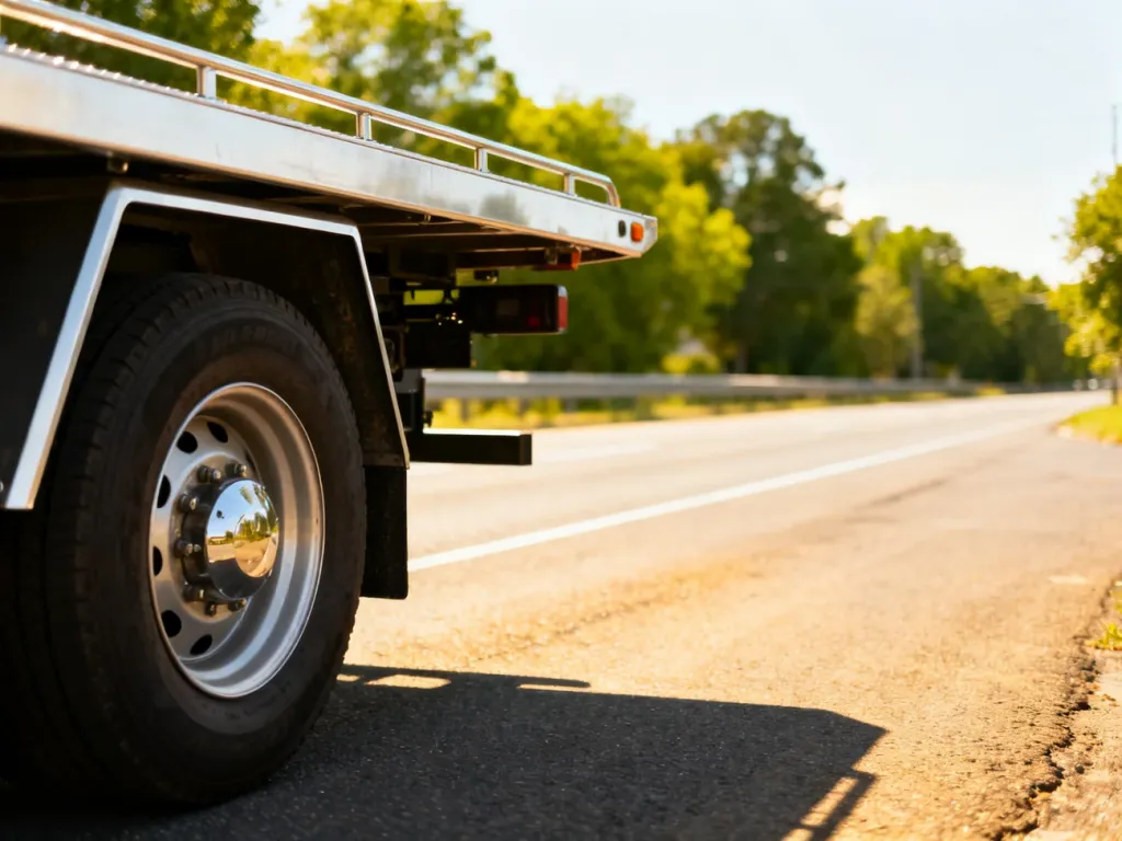 Nowoczesna autolaweta zaparkowana na drodze w słoneczny dzień, ilustrująca temat zużycia paliwa w transporcie pojazdów.