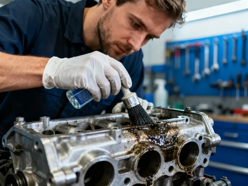 Mechanik w rękawicach roboczych czyści pędzelkiem i rozpuszczalnikiem zabrudzony kolektor dolotowy silnika.