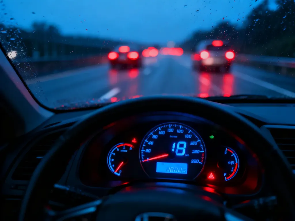 Cyfrowy prędkościomierz nowoczesnego samochodu wskazujący wysoką prędkość na tle deszczowej autostrady o zmierzchu.
