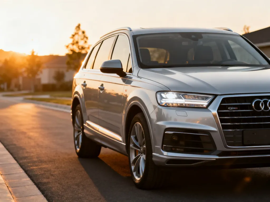 Srebrne Audi Q7 zaparkowane na drodze w świetle zachodzącego słońca, podkreślające nowoczesny design luksusowego SUV-a.