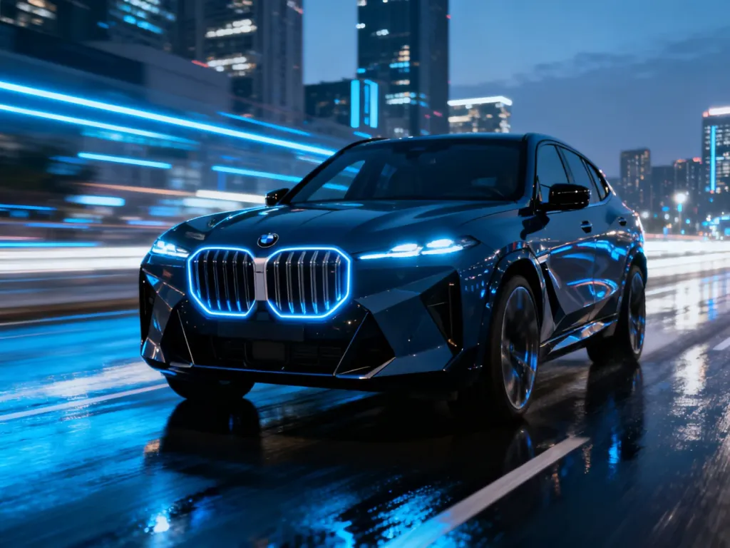 Nowoczesny i agresywny SUV BMW XM zaparkowany na mokrym asfalcie w scenerii wieczornego miasta z neonowymi światłami.
