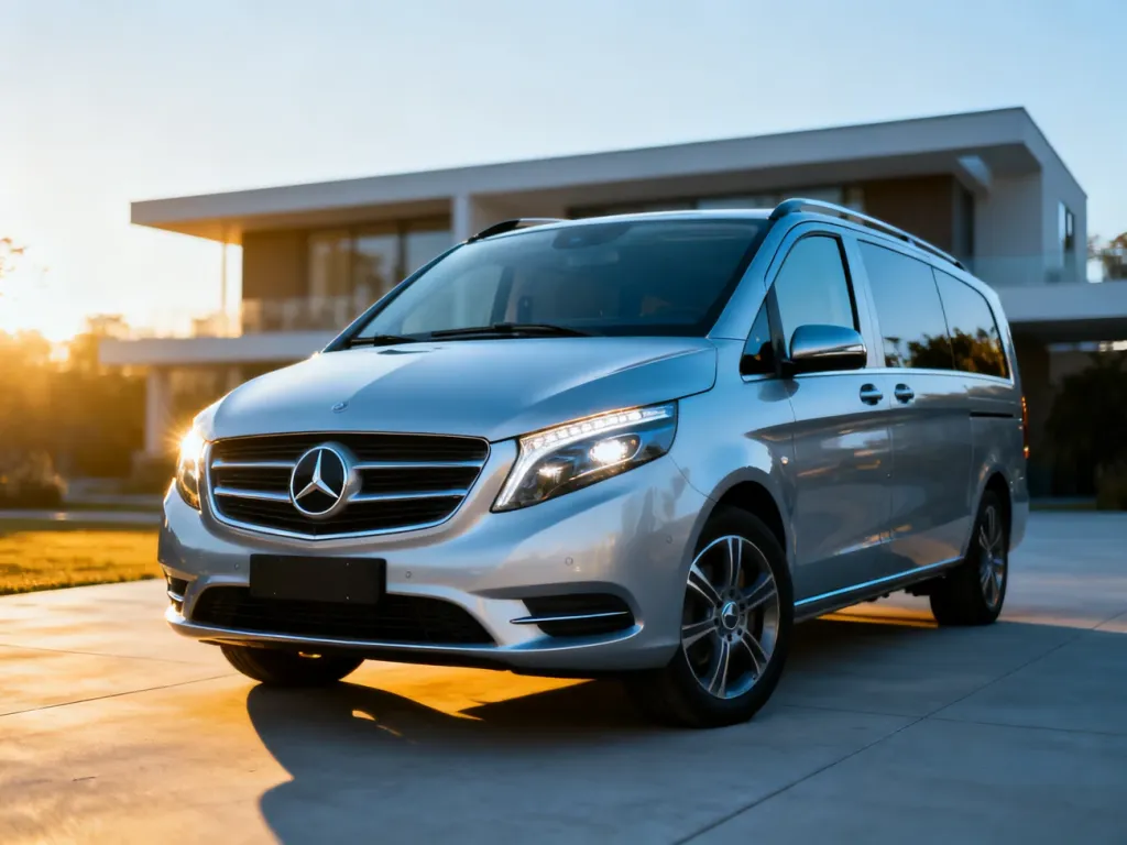 Srebrny Mercedes Klasy T zaparkowany na nowoczesnym podjeździe w świetle poranka.