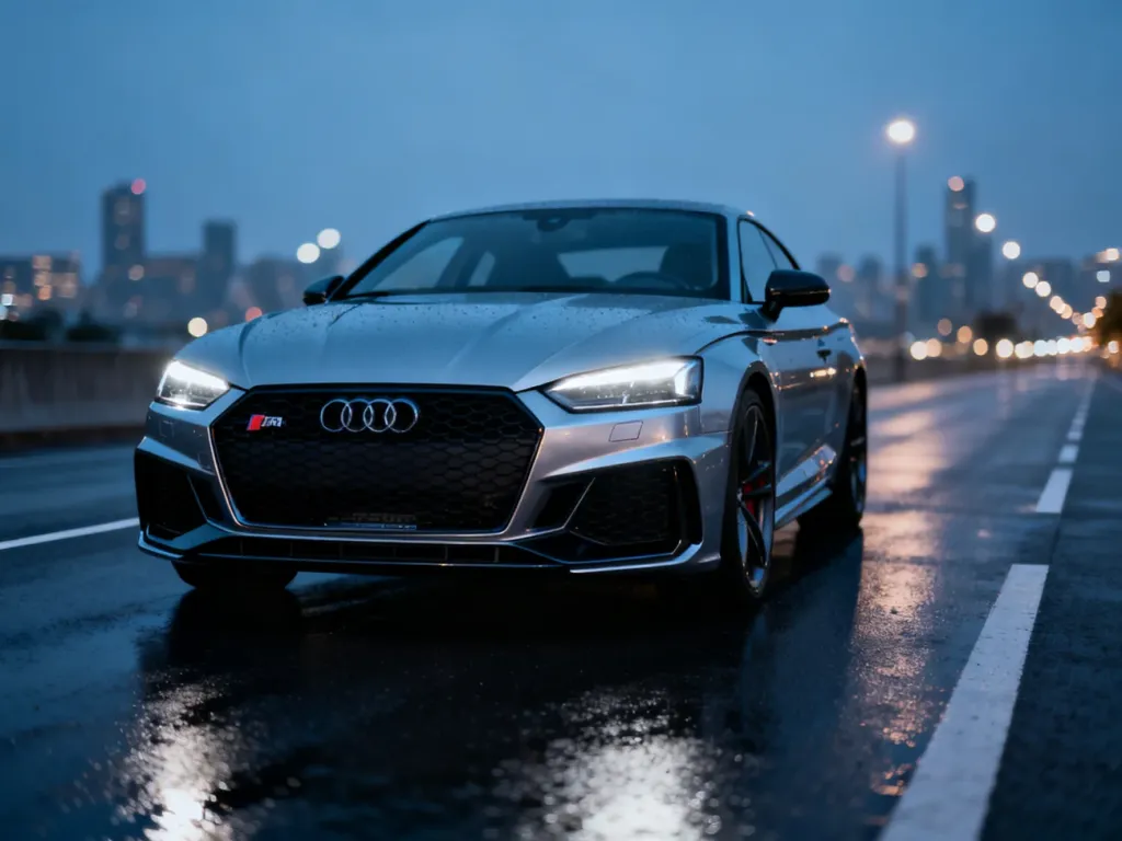 Srebrne Audi RS5 zaparkowane na deszczowej drodze o zmroku, z wyraźnie wyeksponowanym agresywnym przodem i światłami LED.