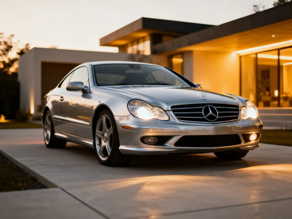 Srebrny Mercedes CLK zaparkowany na nowoczesnym podjeździe w świetle zachodzącego słońca.