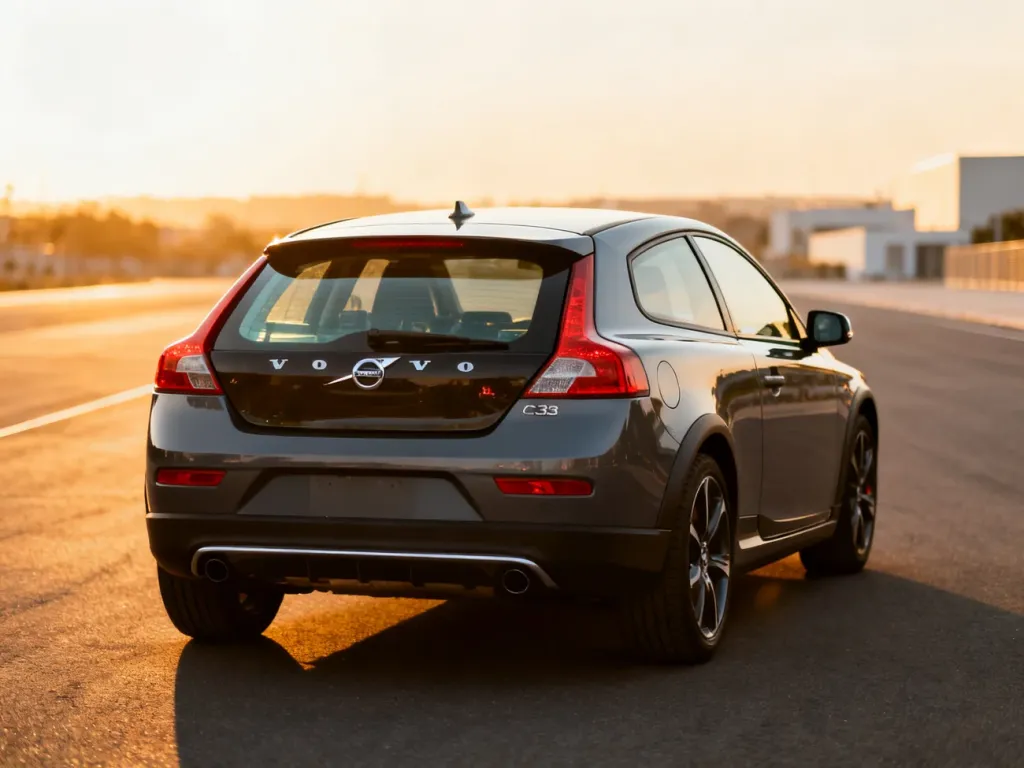 Volvo C30 o sportowej sylwetce zaparkowane na tle miejskiego krajobrazu w świetle zachodzącego słońca.