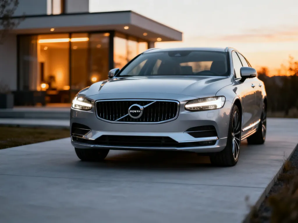 Srebrne Volvo S80 zaparkowane na nowoczesnym podjeździe w świetle zachodzącego słońca.