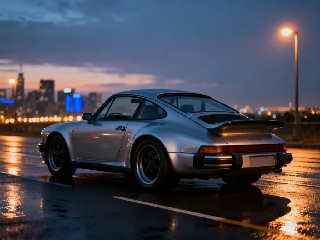 Srebrne Porsche 959 zaparkowane na mokrym asfalcie o zmierzchu, z rozmytymi światłami miasta w tle.