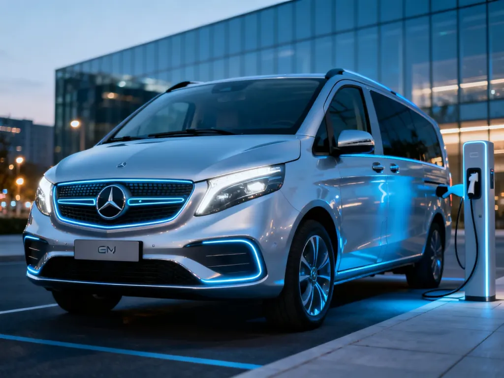 Srebrny Mercedes EQV zaparkowany przy stacji ładowania w nowoczesnym miejskim otoczeniu.