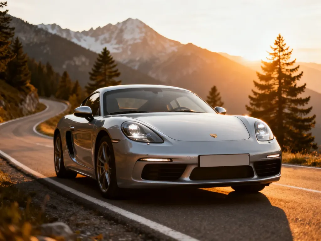 Srebrne Porsche 718 Cayman zaparkowane na krętej górskiej drodze w świetle zachodzącego słońca.