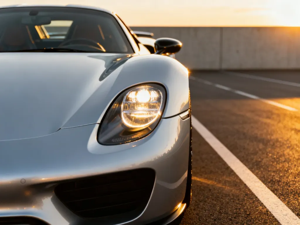 Srebrne Porsche 918 Spyder zaparkowane na nowoczesnej drodze w świetle zachodzącego słońca, podkreślające aerodynamiczną sylwetkę.