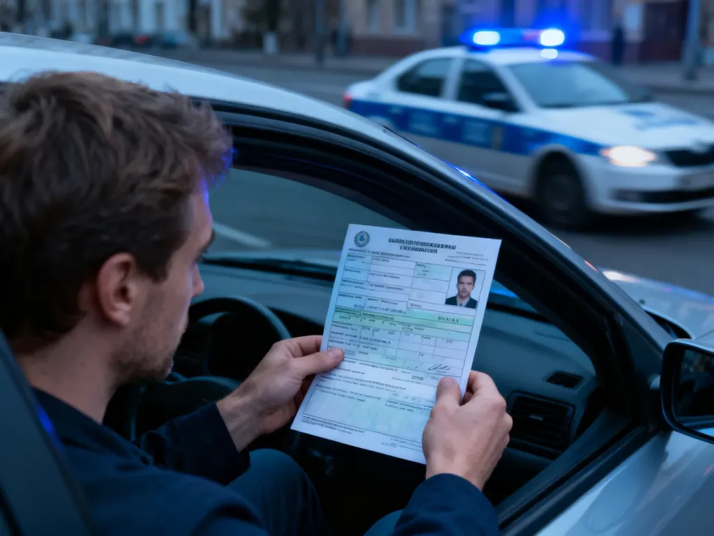 Kierowca trzymający prawo jazdy w samochodzie, w tle rozmyty radiowóz z włączonymi światłami ostrzegawczymi.
