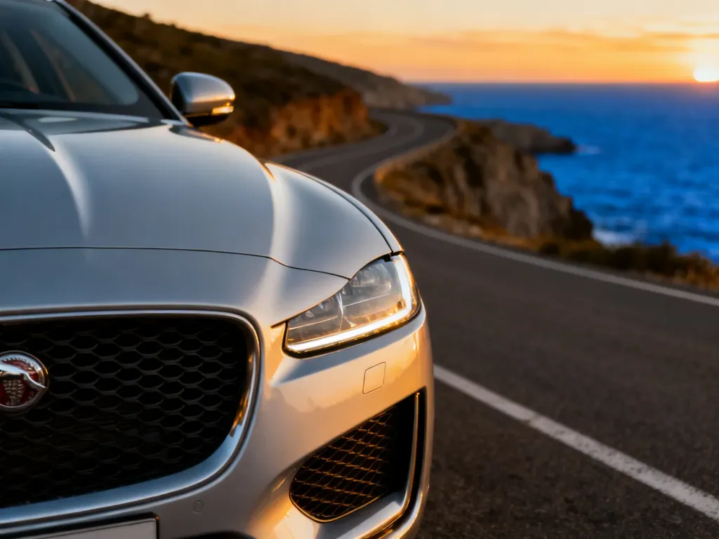 Srebrny Jaguar XE zaparkowany na malowniczej nadmorskiej drodze podczas zachodu słońca.