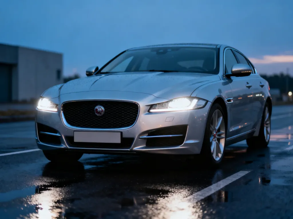 Srebrny Jaguar XF zaparkowany na mokrym asfalcie o zmierzchu, podkreślający nowoczesny design i detale przedniego pasa auta.