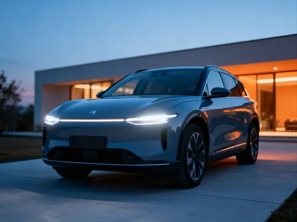 Nowoczesny elektryczny SUV Volvo EX30 zaparkowany na minimalistycznym podjeździe o zmierzchu z włączonymi światłami LED.