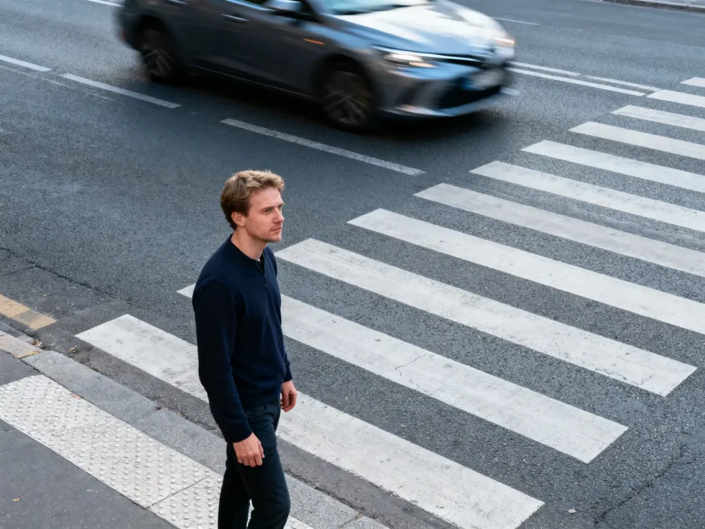Pieszy czekający ostrożnie na krawędzi przejścia, podczas gdy w tle przejeżdża samochód.