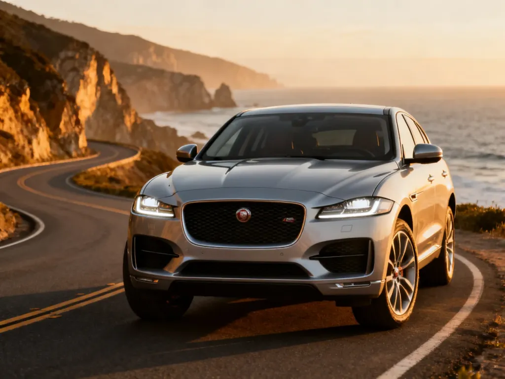 Srebrny Jaguar F-Pace zaparkowany na malowniczej nadmorskiej drodze podczas złotej godziny.