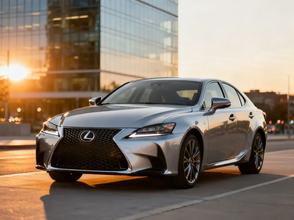 Srebrny Lexus IS zaparkowany na nowoczesnej ulicy podczas zachodu słońca, podkreślający dynamiczną stylistykę auta.