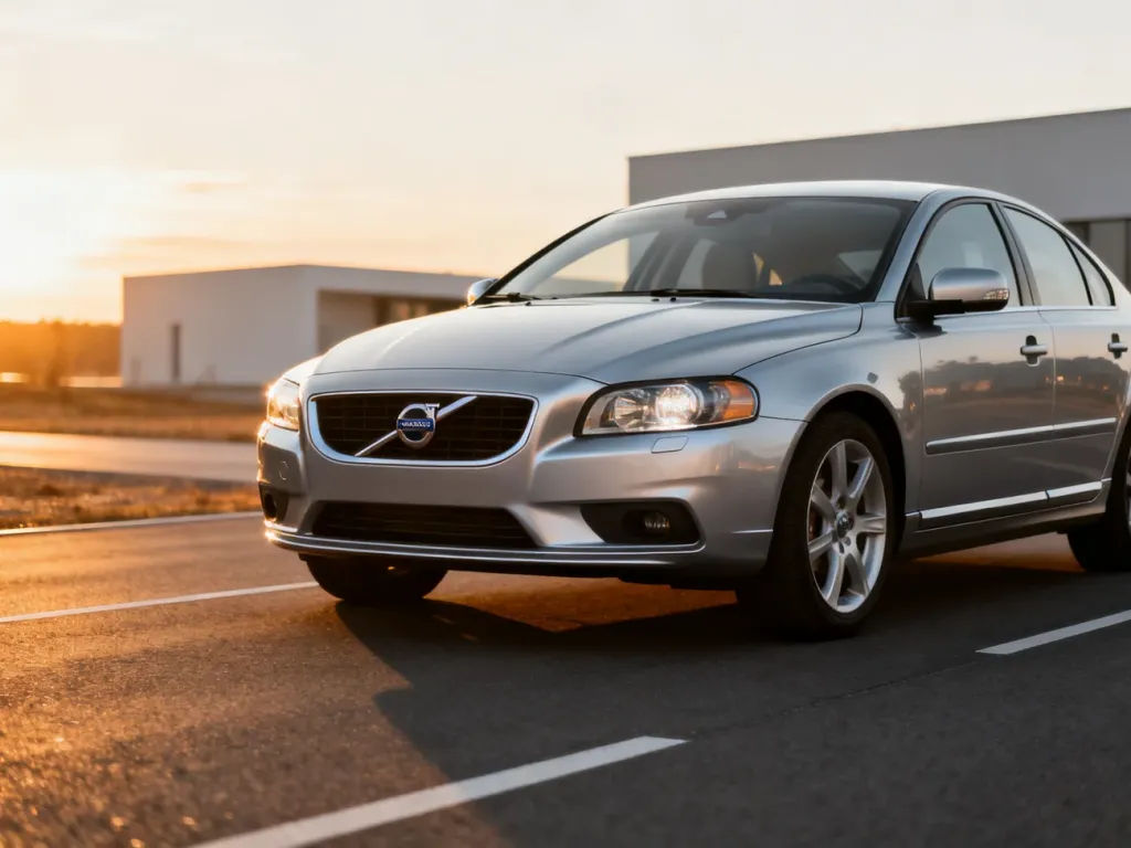 Srebrny sedan Volvo S40 zaparkowany na nowoczesnej drodze w świetle zachodzącego słońca.