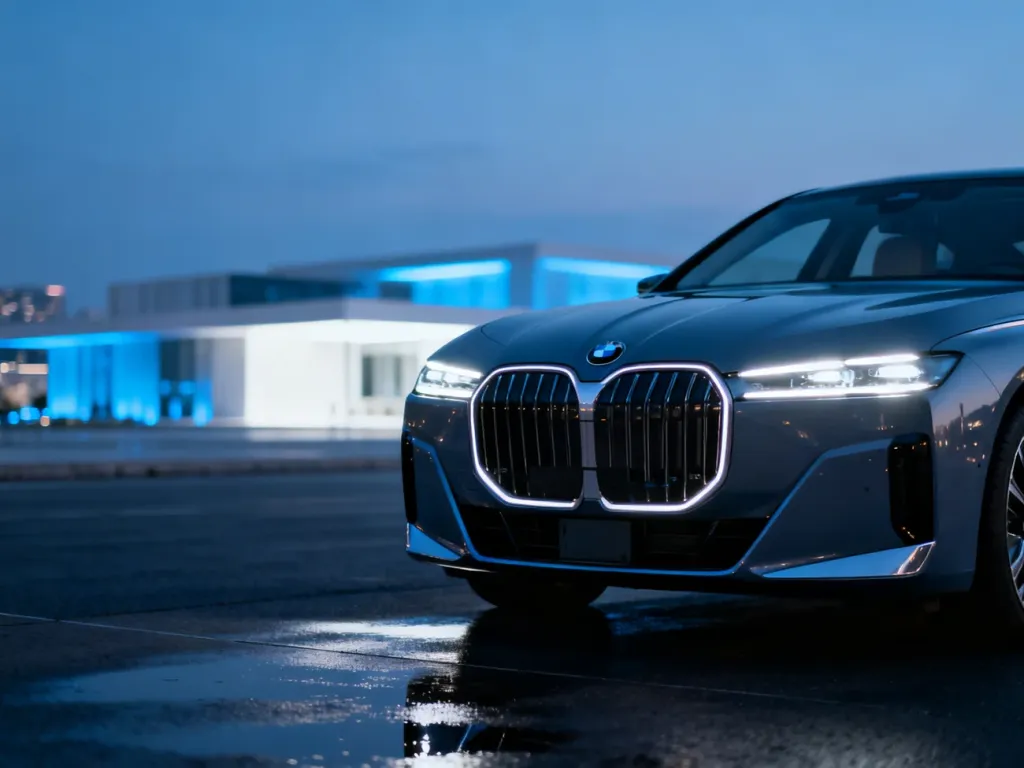 Nowoczesne BMW i7 zaparkowane na mokrym asfalcie o zmroku, z wyeksponowanym podświetlanym grillem i eleganckimi reflektorami.