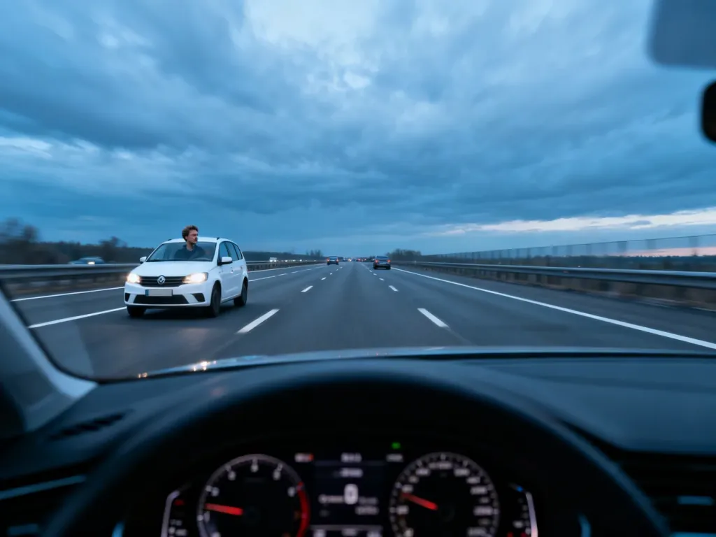 Widok z perspektywy kierowcy na autostradzie, gdzie inny pojazd porusza się niebezpiecznie pod prąd.
