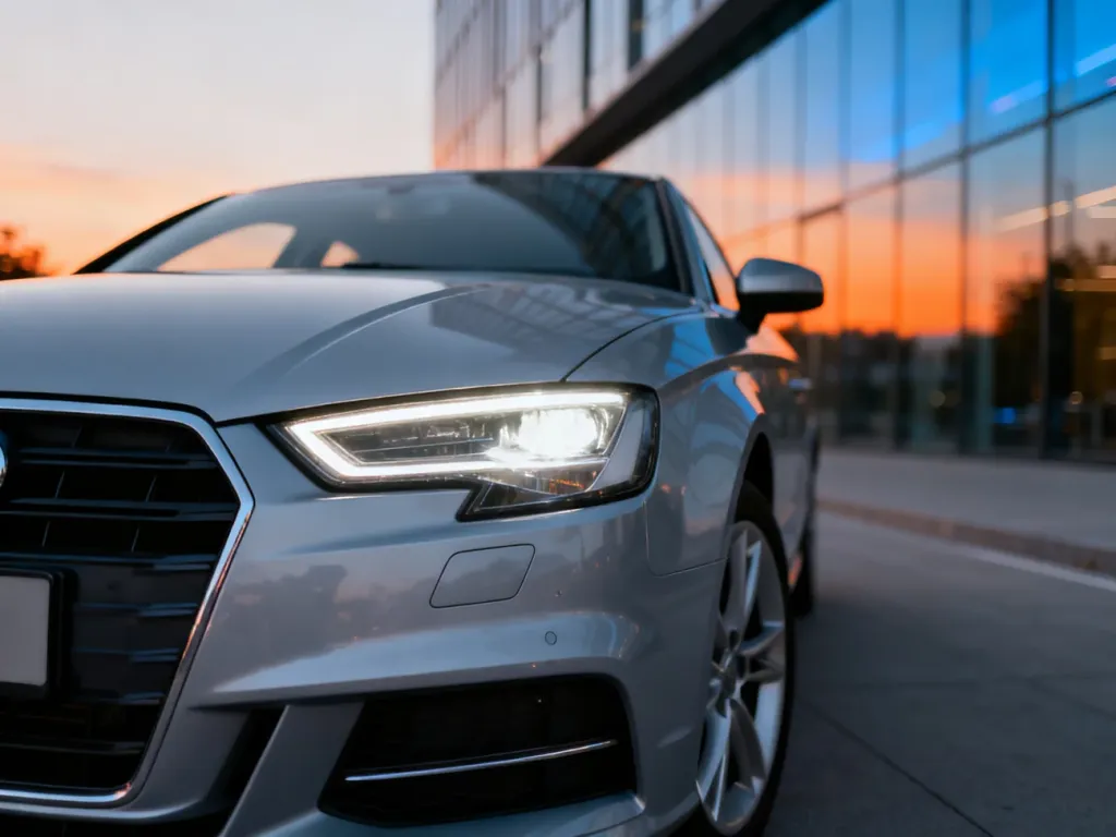 Zbliżenie na nowoczesny reflektor LED i grill srebrnego Audi A3 zaparkowanego na tle miejskiej architektury o zachodzie słońca.