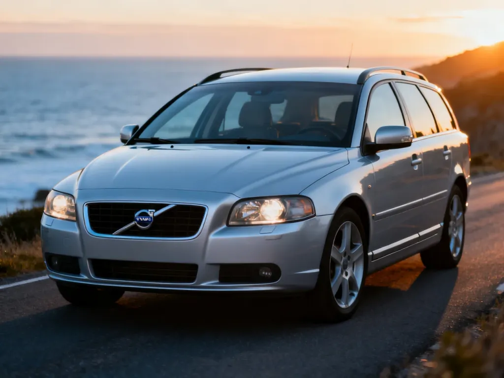 Srebrne Volvo V50 zaparkowane na malowniczym nadmorskim wybrzeżu podczas zachodu słońca.