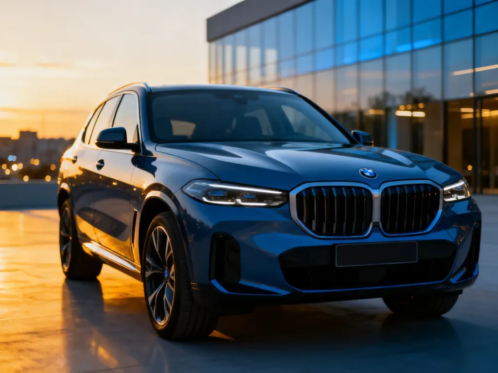 Nowoczesny elektryczny SUV BMW iX3 zaparkowany w minimalistycznej scenerii podczas złotej godziny.