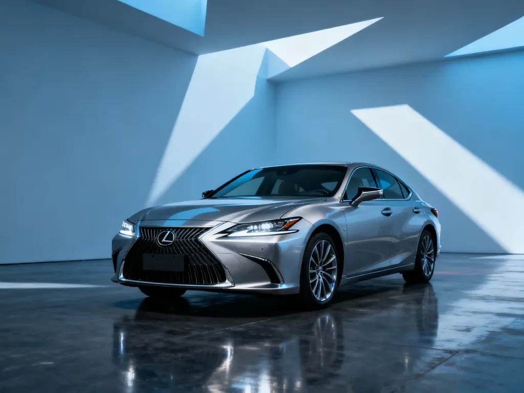 Srebrny sedan Lexus ES zaparkowany w nowoczesnym studiu, eksponujący charakterystyczny grill i reflektory LED.