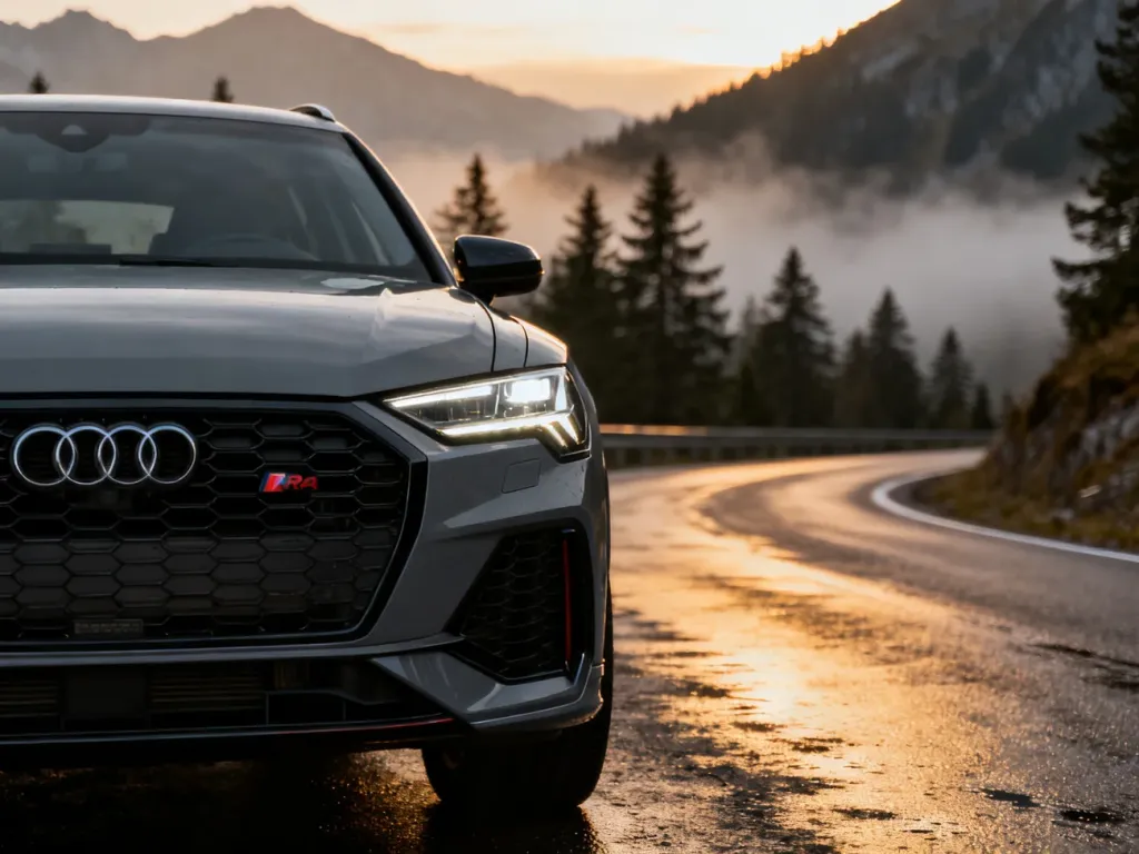Szary Audi RS Q3 zaparkowany na mokrej górskiej drodze o zmierzchu, podkreślający agresywny design i sportowy charakter auta.
