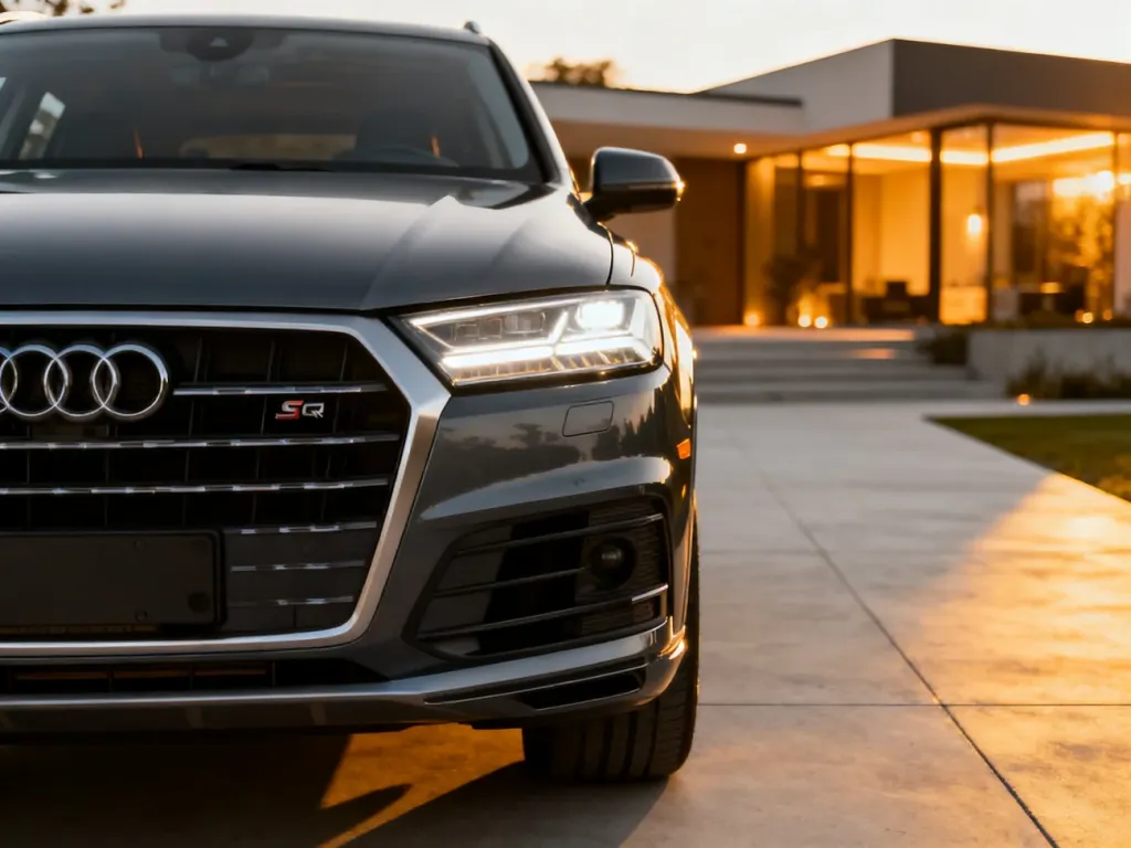 Ciemnoszary Audi SQ7 zaparkowany na nowoczesnym podjeździe w świetle zachodzącego słońca.
