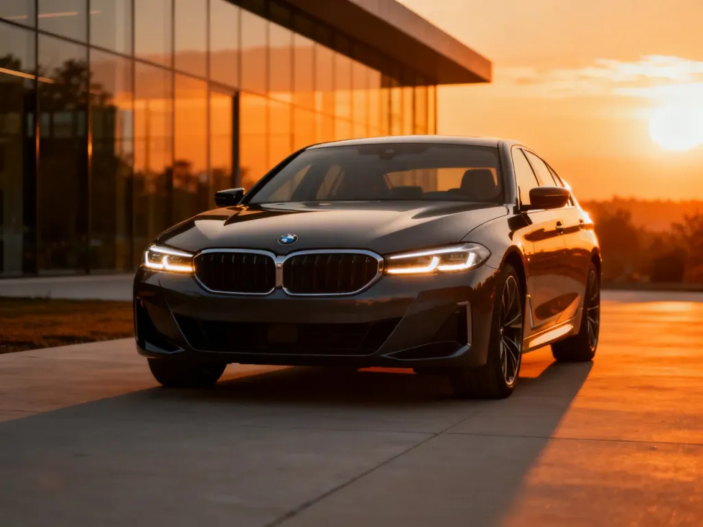Nowoczesne BMW i5 zaparkowane na podjeździe w świetle zachodzącego słońca, podkreślającym aerodynamiczną sylwetkę auta.