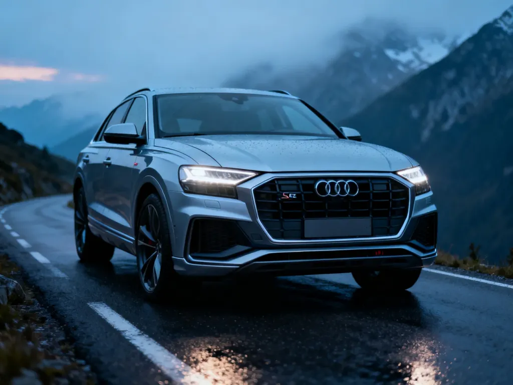 Srebrne Audi SQ8 zaparkowane na mokrej górskiej drodze o zmierzchu, podkreślające nowoczesny design i sportowy charakter auta.