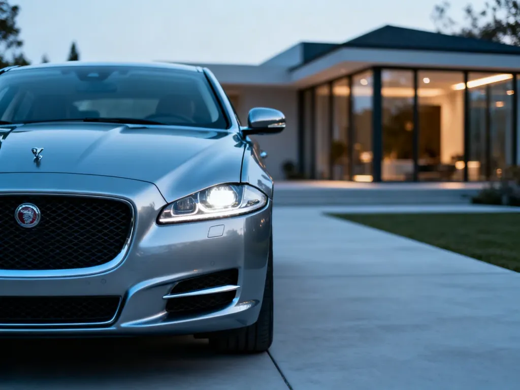 Srebrny sedan Jaguar XJ zaparkowany na nowoczesnym podjeździe przed przeszkloną willą w wieczornym świetle.