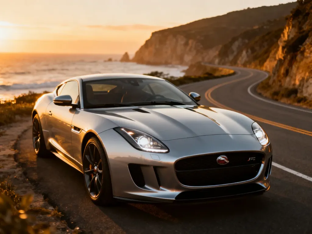 Srebrny Jaguar F-Type zaparkowany na krętej nadmorskiej drodze podczas zachodu słońca, podkreślający sportową sylwetkę auta.
