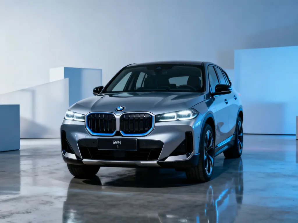 Nowoczesny elektryczny SUV BMW iX1 zaparkowany w profesjonalnym studiu, prezentujący aerodynamiczny przód i światła LED.