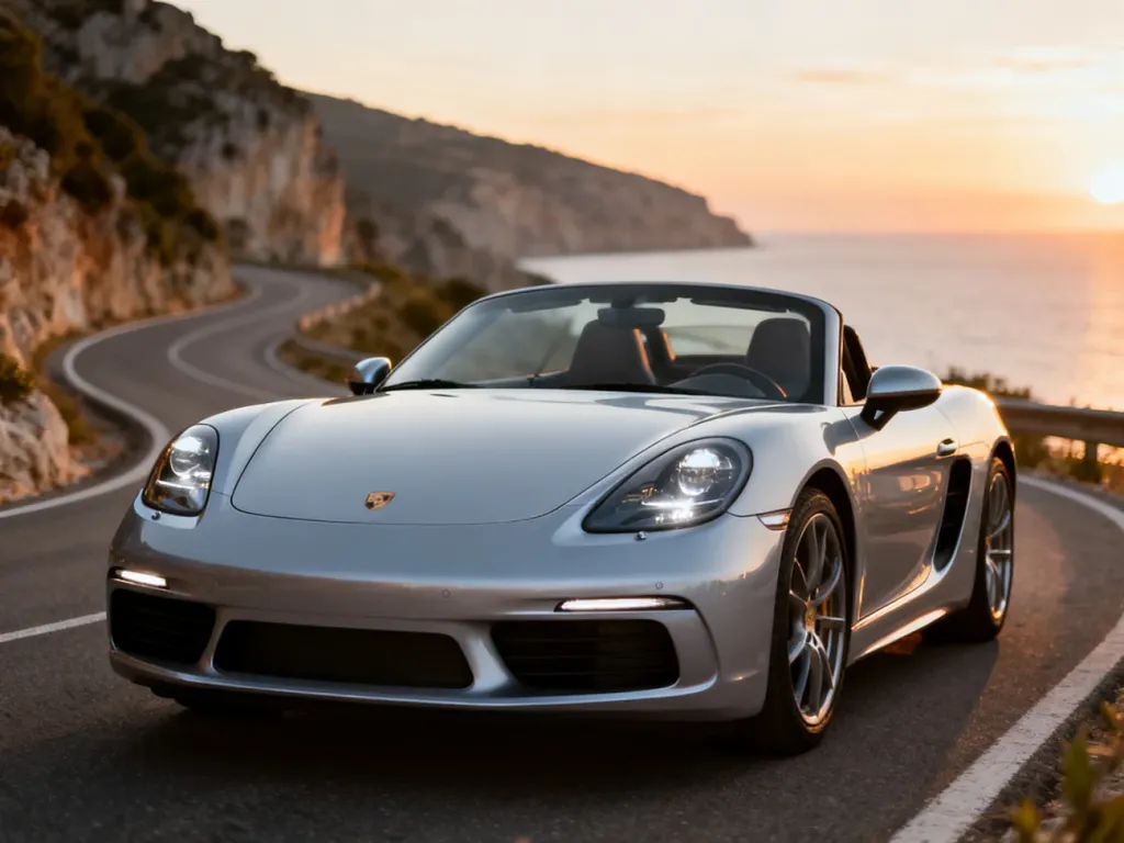 Srebrne Porsche 718 Boxster zaparkowane na malowniczej nadmorskiej drodze podczas zachodu słońca.