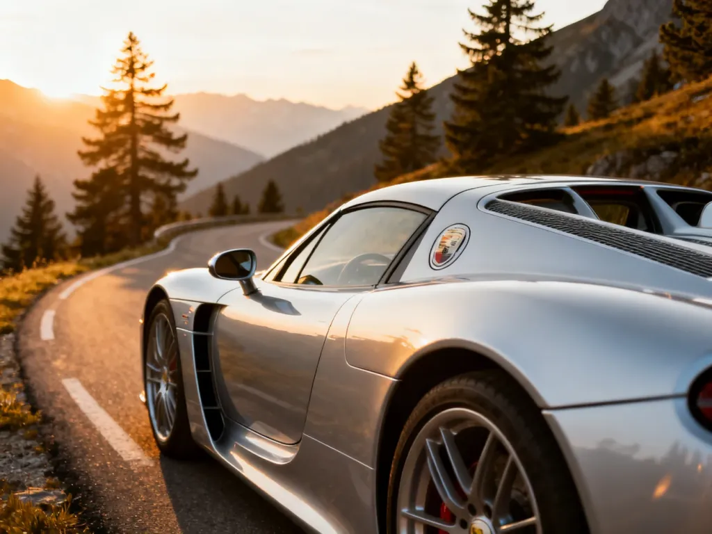 Srebrne Porsche Carrera GT zaparkowane na krętej górskiej drodze w blasku zachodzącego słońca.