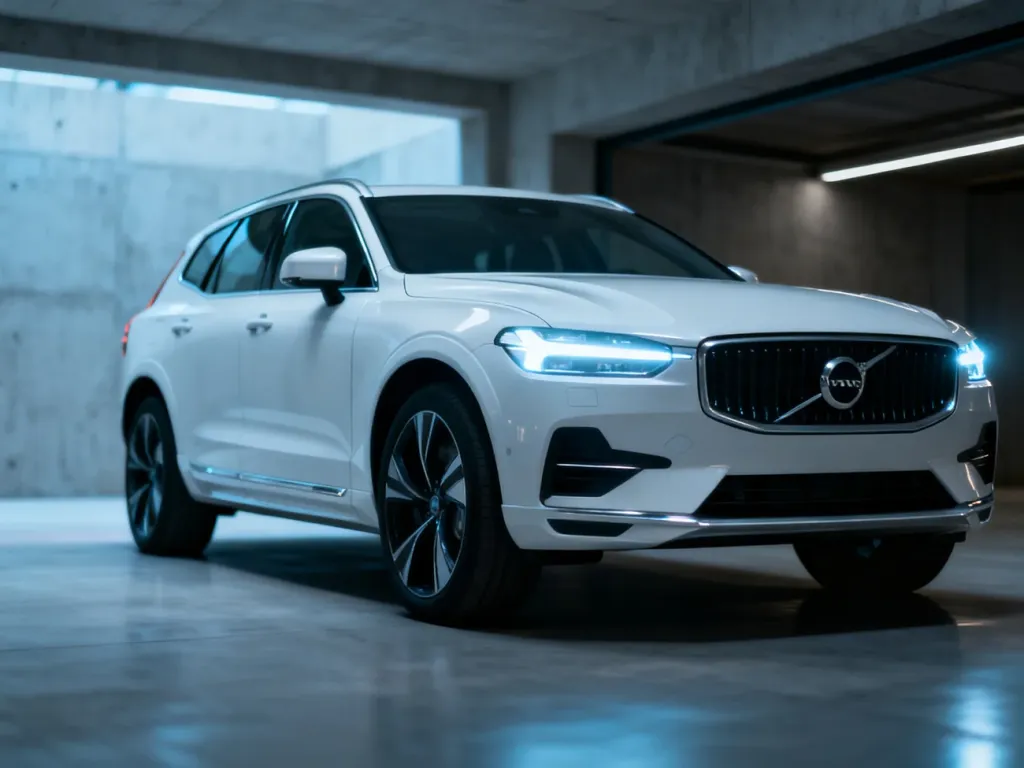 Nowoczesny, elektryczny SUV Volvo EX90 z charakterystycznymi reflektorami LED zaparkowany w minimalistycznym garażu.