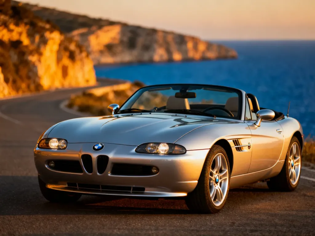 Srebrny kabriolet BMW Z8 zaparkowany na malowniczej nadmorskiej drodze w świetle zachodzącego słońca.